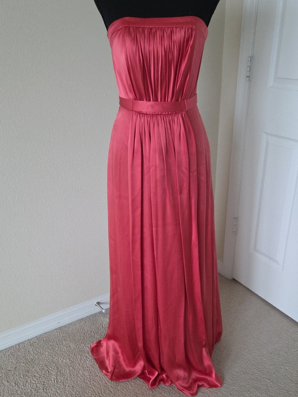 Melissa Sweet Strapless Coral-Pink Satin Gown